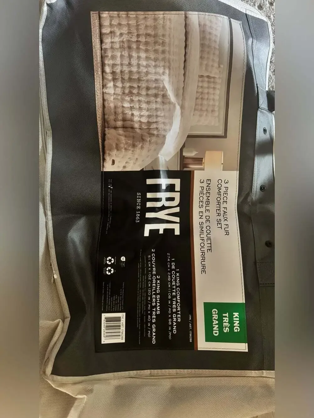 Frye comforter set KING Plush Faux Fur Comforter Set cream Pom Pom look RARE
